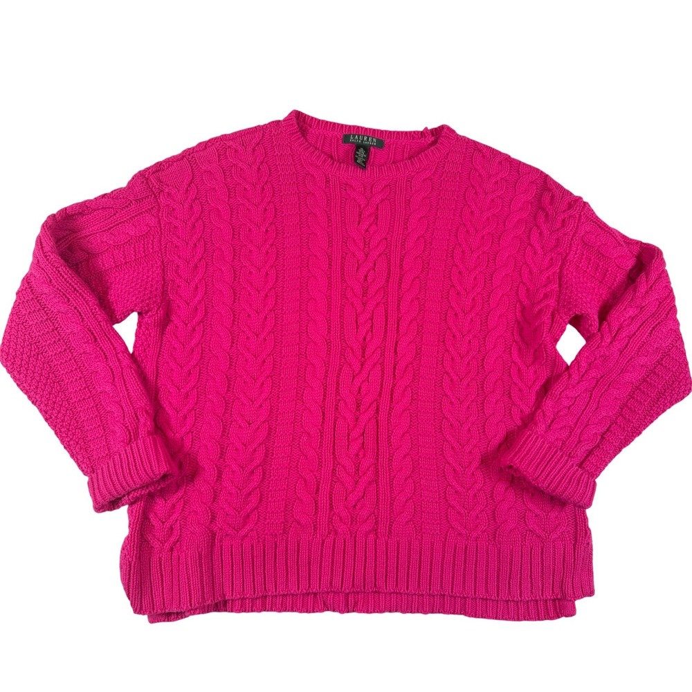 Lauren Ralph Lauren Hot Pink Cable Knit Crewneck Sweater XL Cotton Blend